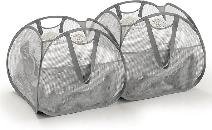 TECHMILLY Collapsible Mesh Pop Up Laundry Hamper with Strong Handles, Large Opening Clothes Hamper with Side Pockets, Storage Baskets for Dorm, Laundry Room, Bathroom or Travel (Grey, 90L, 2Pack)