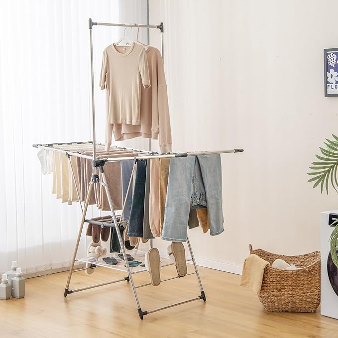 Tangkula 2-Layer Stainless Steel Drying Rack, Foldable Laundry Rack w/ 1 Hanging Bar & 2 Height-Adjustable Wings, 23 Drying Rails, Netting Clothe Drying Rack, No Assembly Required