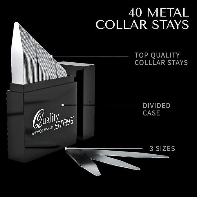 Quality Stays Metal Collar Stays for Men – Set of 40 Dress Shirt Collar Stays for Men, 3 Sizes in a Divided Box