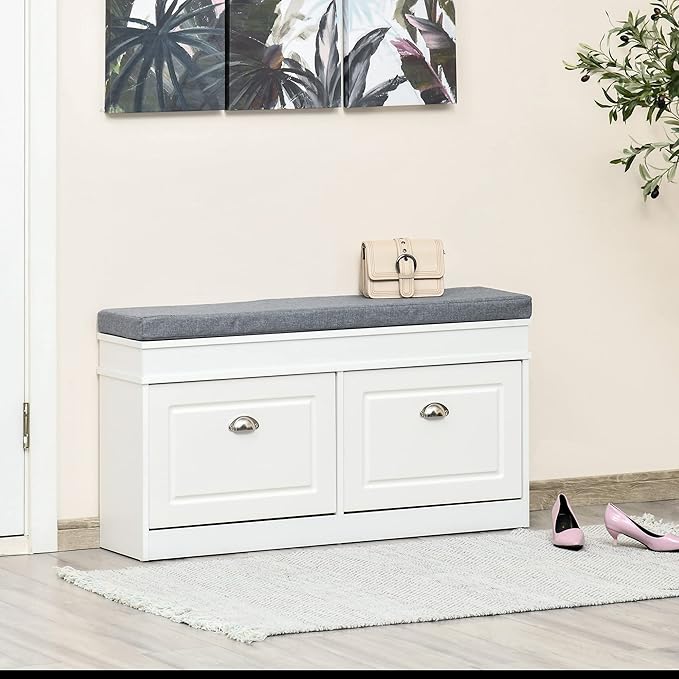 HOMCOM Modern Shoe Rack Bench for Entryway, Storage Organizer with Cushion, 2 Drawers, Adjustable Shelf, Holds 8 Pairs, White