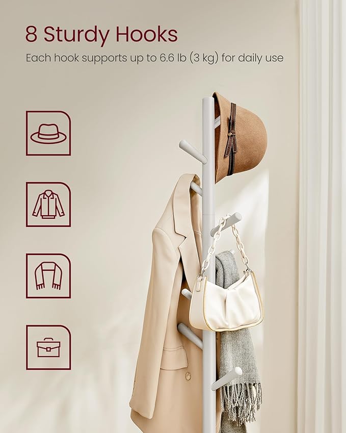 VASAGLE Solid Wood Coat Rack, Free Standing Hall Coat Tree with 8 Hooks, 3 Height Options, for Coats, Hats, Bags, Purses, for Entryway, Hallway, Rubberwood Hooks and Pole, Cappuccino Beige URCR010K01