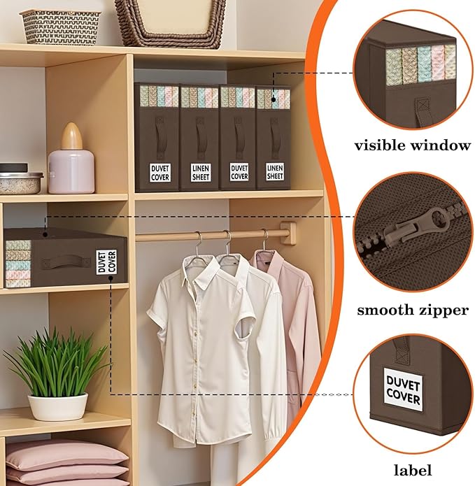 WOWBOX Sheet Organizers and Storage,Closet Bed Sheet Organizer Under Bed Storage and Organization with Label Cards & Clear Window for Bedding Sheets,Duvet Covers,Blankets (3 Pack，Brown)