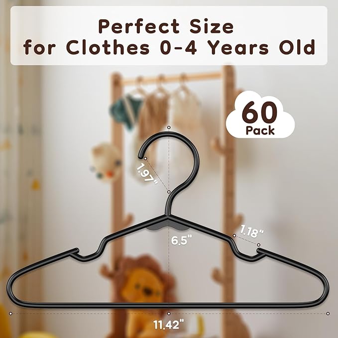 VTRIN Baby Hangers 60 Pack Large Capacity Hard Plastic Kids Hangers Suitable for All Clothes of Infant and Toddler, Such as Short, Shirts and Thick Coats, Children Hangers for Kids Clothes Black