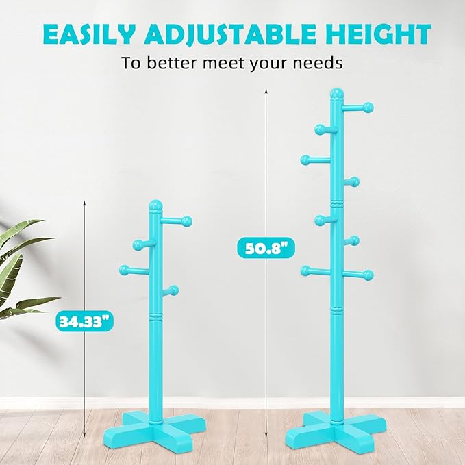 Coat Rack, Freestanding Coat Racks with 8 Hooks 2 Adjustable Height, Tree Coat Rack for Bedroom, Hallway, Entrance, Office, Hats, Handbags,Purse (Blue)