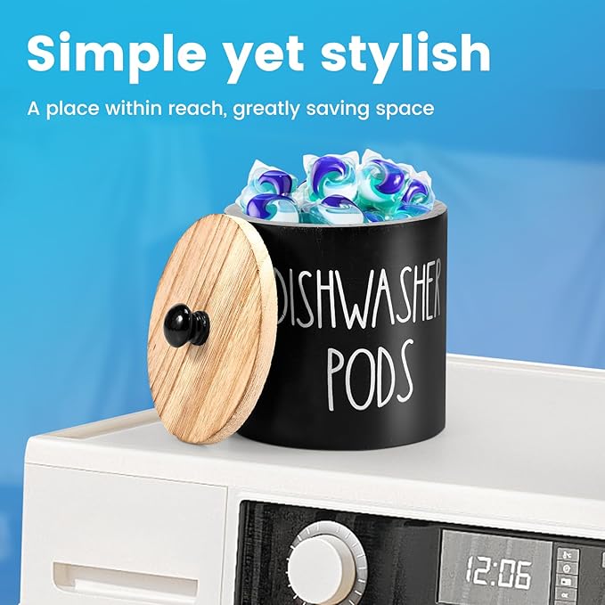 Round Dishwasher Pods Container, Wood Dishwasher Pod Holder with Lid for Kitchen Decor, Laundry Pod Container for Laundry Detergent Storage (Black)