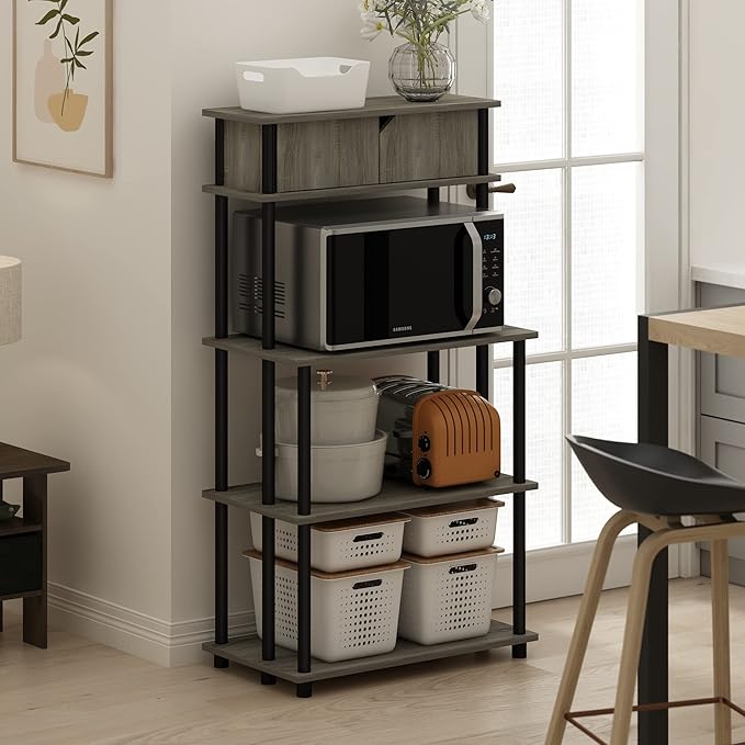 Furinno Turn-N-Tube Bakers Rack with Wheels, 4-Tier Kitchen Storage Cart, Kitchen Cart, Coffee Bar, Pantry Organizers and Storage, Dark Americano