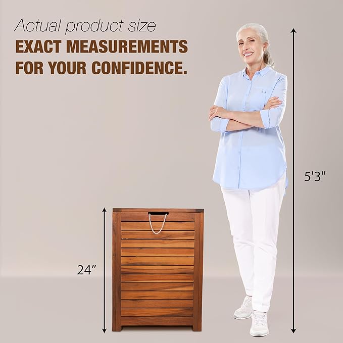 Wooden Laundry Hamper With Lid, Handles And Removable Liner Bag, Tall 90L - Large Wood Laundry Basket - Dirty Clothes Hamper For Bed Room Aesthetic, Bathroom, Laundry Room