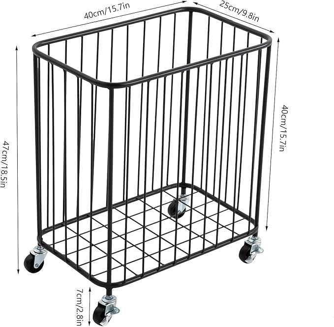 Rolling Laundry Hamper, Large-size Metal Laundry Basket Cart w/Wheels, Wheeled Clothing Hamper for Home, Hotel, Mall, Bathroom, Bedroom and Commercial Laundries (Black)