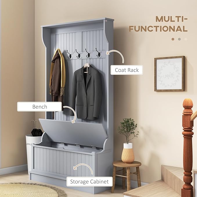 HOMCOM Hall Tree with Bench and Shoe Storage, 3-In-1 Entryway Bench with Coat Rack, 5 Hooks and Flip Top Storage Compartment, Gray