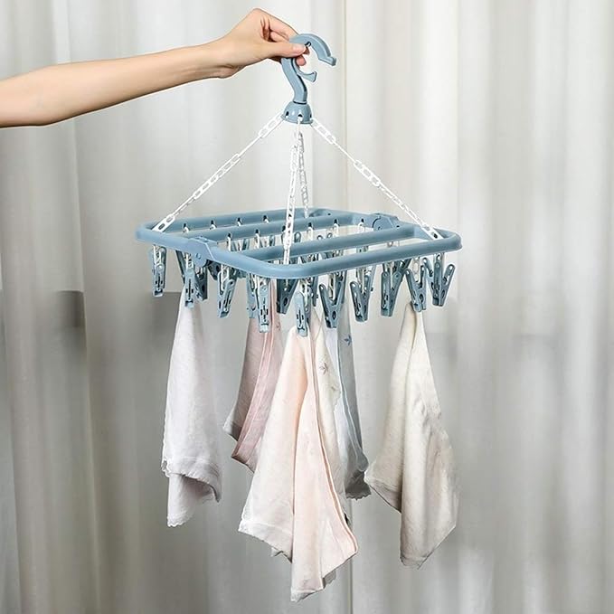 Foldable Clothes Drying Hanger with 32 Clips, Clip and Drip Hangers Clothes Drying Rack, Underwear Hangers for Drying, Laundry Clothes Hanger for Drying Socks Lingerie Baby Clothes Towels Bras Hat
