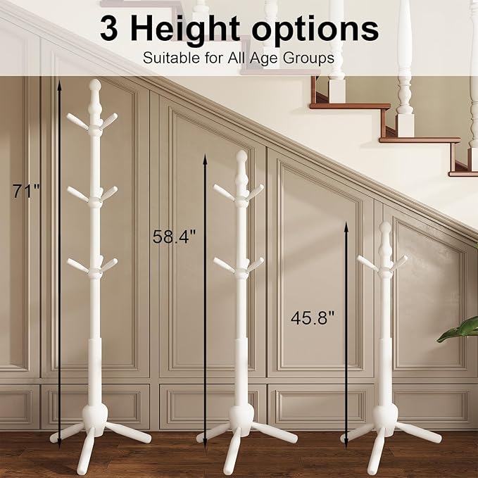 Solid Coat Rack Stand, Coat Rack Freestanding with 9 Hooks and Adjustable 3 Heights, Tree Coat Stand with Triangle Base for Entryway, Bedroom, Hallway, White