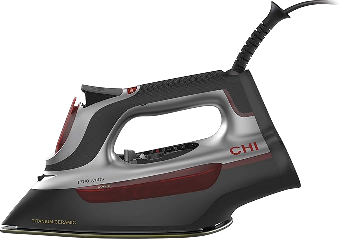 CHI Steam Iron for Clothes with Electronic Temperature Control, Titanium Infused Ceramic Soleplate, 1700 Watts, XL 10’ Cord, 3-Way Auto Shutoff, 300+ Holes, Professional Grade, Silver (13107)