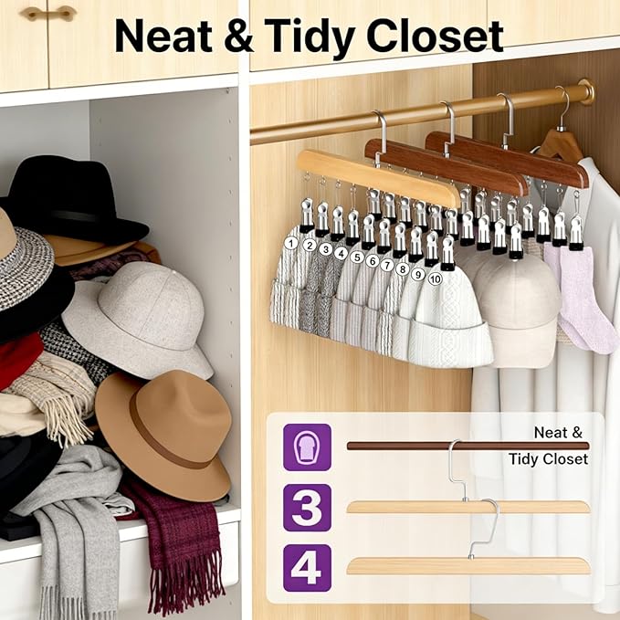 Hanging Closet Organizer, Wooden Legging Hanger with 10 Clips,Space Saving Hats Organizer for Closet,360° Rotating Wooden Multi-Hanger for Pants, Skirts and Socks Storage (Vintage)