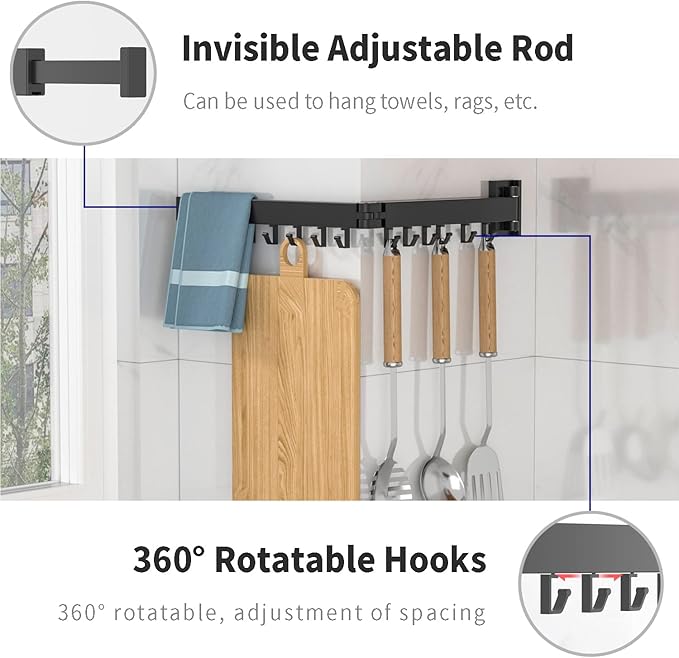 ptlsy Wall Mounted Portable Folding Clothes Drying Rack with Hooks,Space Saver Clothes Hangers Design Universal for Balcony, Mudroom, Bedroom, Kitchen, Foldable Laundry Rack (2-Pole Black)