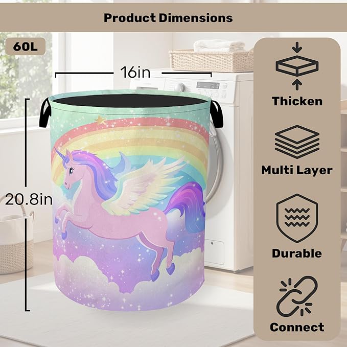 Rainbow Unicorn Foldable Laundry Hamper - Waterproof Fabric Storage Basket with Handles, Clothes Hampers for Laundry,Bedroom,Dorm