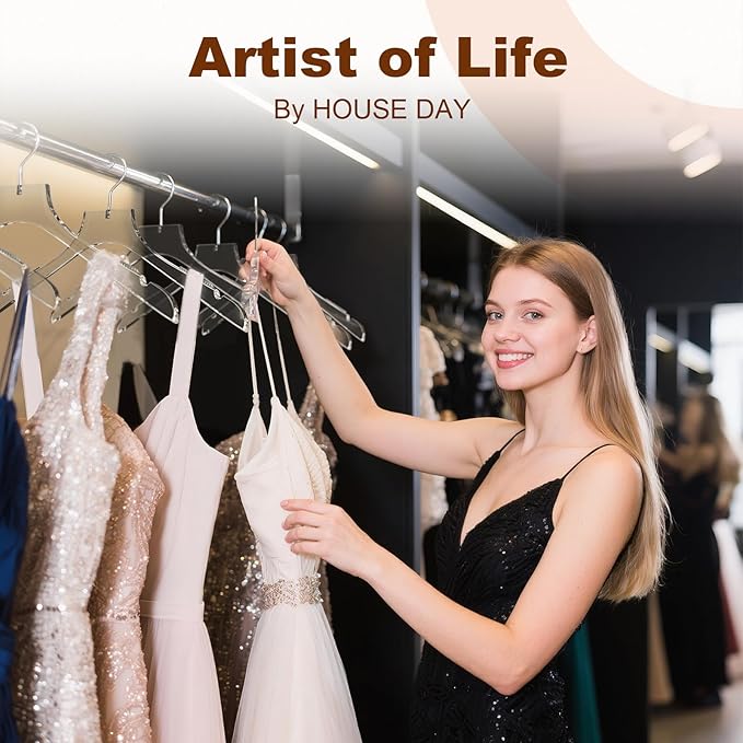 HOUSE DAY Acrylic Hangers 5 Pack, Luxury Clear Hangers for Clothes, Crystal Hanger with Non Slip Shoulder Grips, Notches, 360° Swivel Hook, for Dresses, Tops