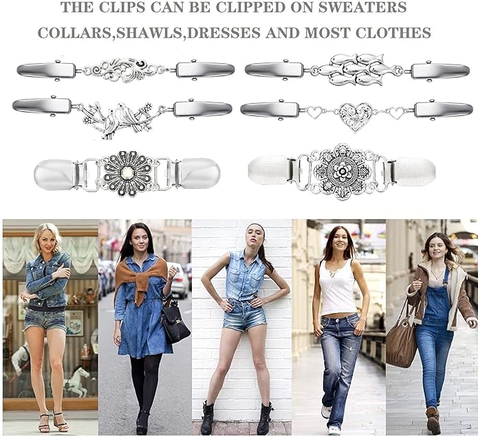 Vintage Sweater Clips Shawl Dresses Shirt Clips Retro Cardigan Collar Chain Clips Brooch Pins for Women