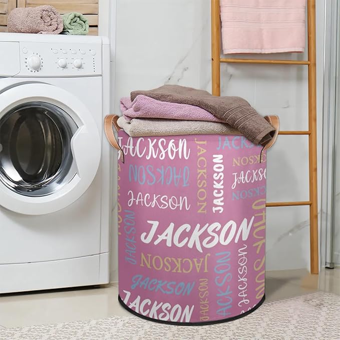 Custom Name Large Laundry-Basket for Kids-Boys-Girls, Personalized Foldable Waterproof Laundry Hamper Dirty Clothes Toys Storage Bin with Handles,Purple Pink