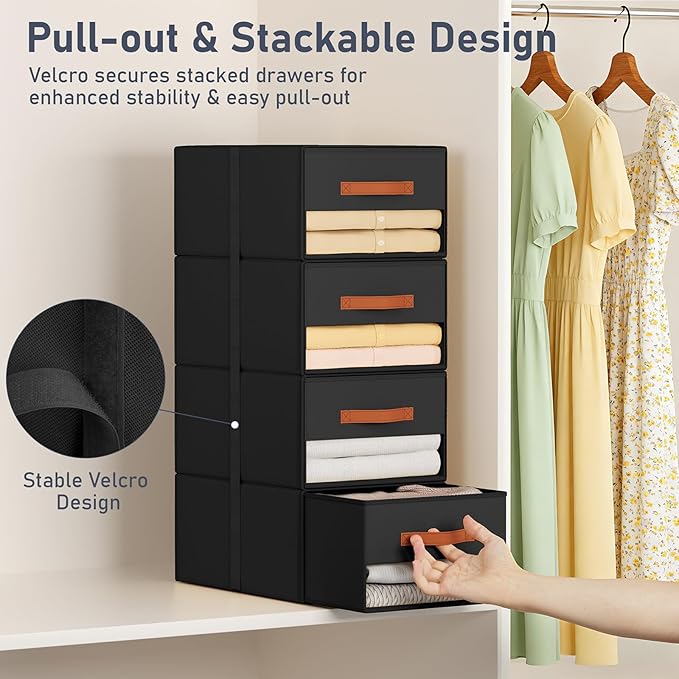 DIMJ Closet Organizers and Storage - Pull-out Fabric Bins with Drawers for Closet Foldable Clothes Organizers with Clear Window, Stackable Storage Drawers for Bedroom,Living Room,Shelf,6-Pack, Black
