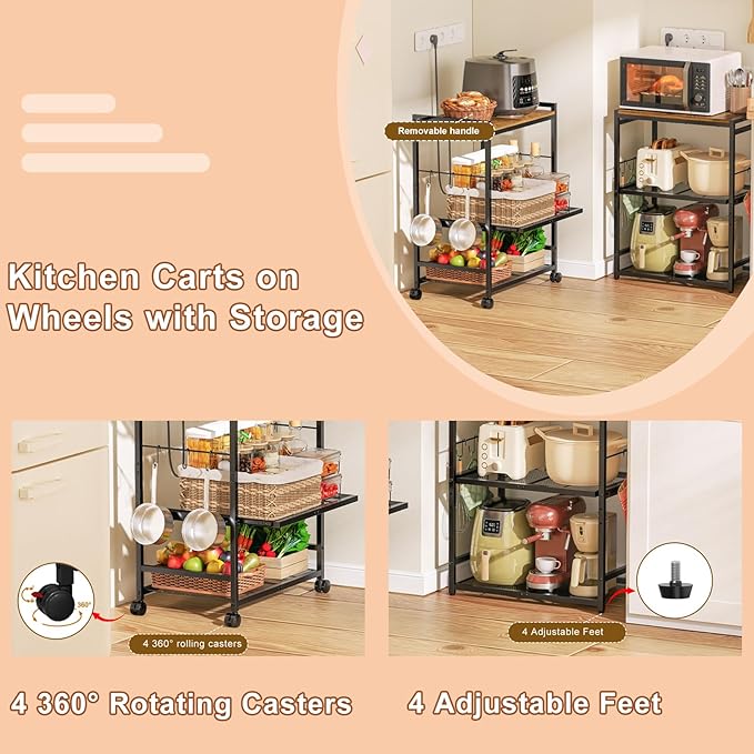 Kitchen Cart with Adjustable Shelves 3-Tier, Rolling Microwave Cart with Push Handle, Microwave Storage Stand with Drawer Slider Shelf, Utility Cart for Kitchen, Restaurant, Living Room, Office