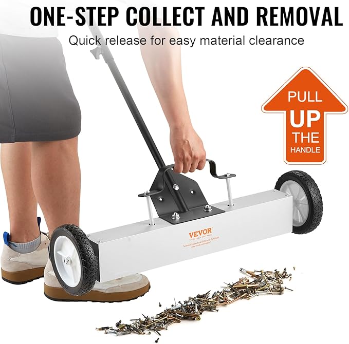 VEVOR Rolling Magnetic Sweeper with Wheels, 50Lbs 24-inch Large Magnet Pickup Lawn Sweeper with Telescoping Handle, Push-Type Magnetic Pick Up Sweeper, Easy Cleanup of Workshop Yard Garage