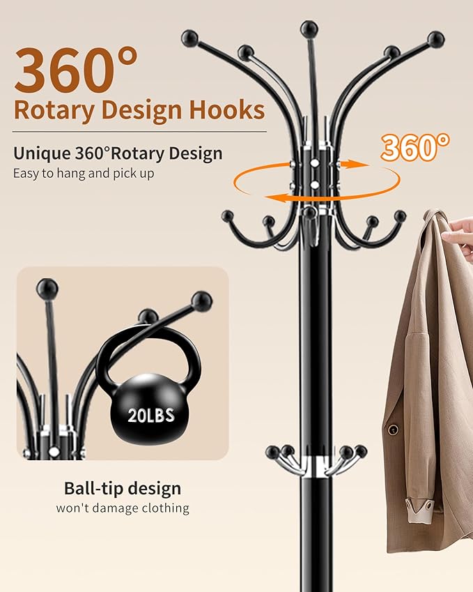 Metal Coat Rack with Natural Marble Base,360°Rotary Coat Rack Stand with 14 Hooks,Modern Freestanging Coat Racks, Black Coat Jacket Hanger Clothes Tree Stand for Entryway,Corner