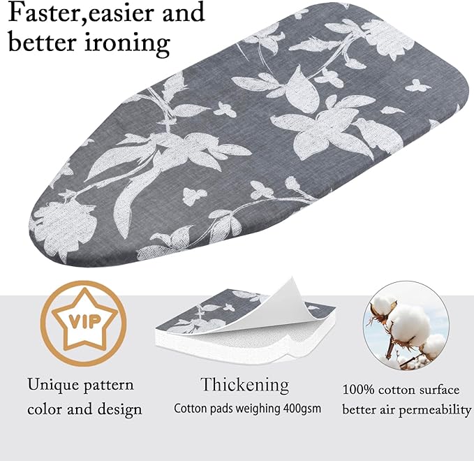 Small Ironing Board Cover Scorch Resistant, Cotton Table top Ironing Board Cover with Padding Heat Reflective Heavy Duty Pad (Grey Floral, 12.5"x32")