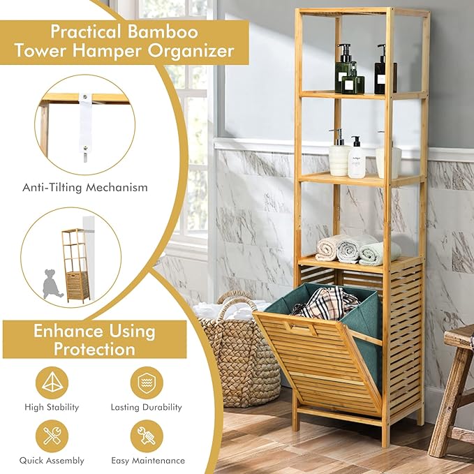 Byroce Bamboo Tilt Out Laundry Hamper with Shelves, 4-Tier Storage Shelf with Removable Laundry Basket & Handle, Tower Hamper Cabinet Organizer for Bathroom, Bedroom, Laundry Room, Living Room