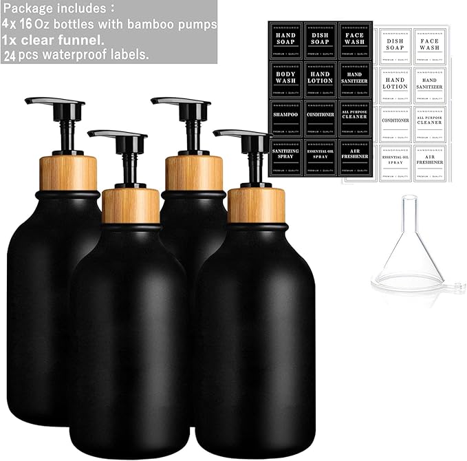 4PACK 16.9Oz Soap Dispenser Bottle, Bamboo Lid Soap Bottle with Anti-Rust Pump, Hand Dish Soap Dispensers for Kitchen, Shampoo Lotion Black Soap Dispenser for Bathroom