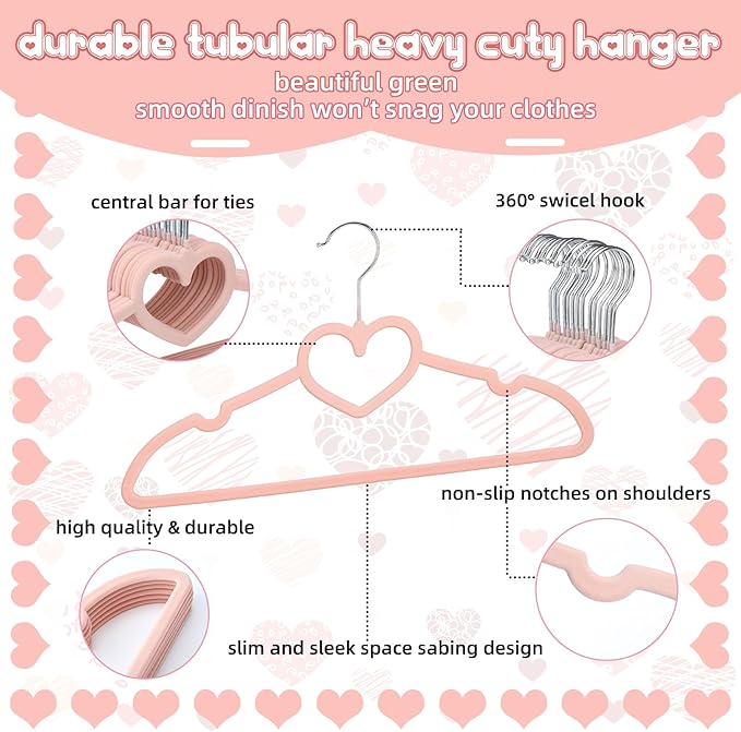 Qunclay 50 Pcs Rose Pink Velvet Heart Hangers, Non-slip Felt Clothes, Heavy Duty Sturdy Heart Clothes Coat Hanger, Cute Kawaii Room Decor for Adult Women, Space Saving No Hanger Mark, 360° Swivel Hook