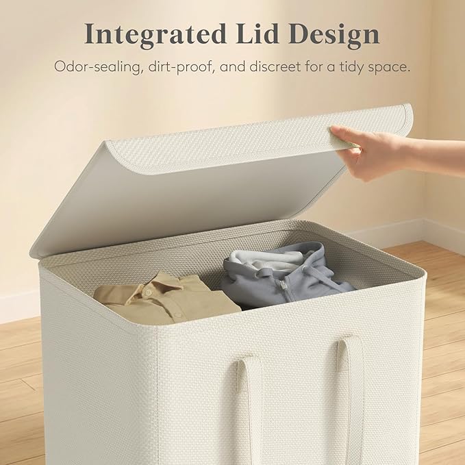 Lifewit 105L Laundry Hamper, Laundry Basket with Lid, Collapsible Clothes Storage with Easy Carry Handles, Thin Hampers for Bathroom Laundry Room Dorm, White