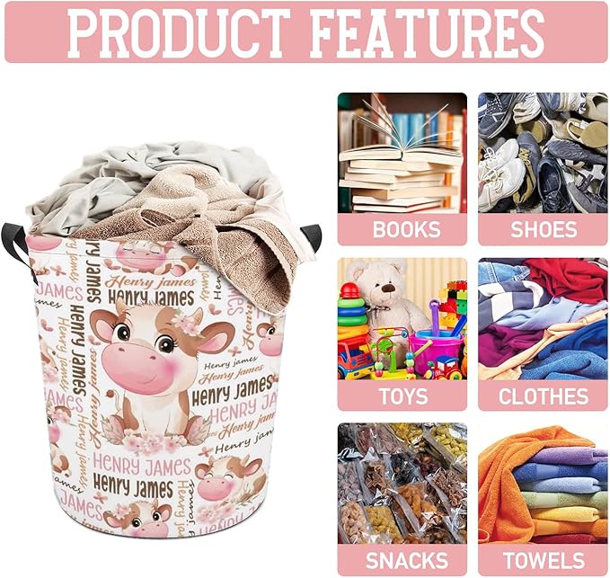 Cow Laundry Basket,Personalized Laundry Hamper for Boys Girls,Custom Laundry Basket With Name, Customized Dirty Clothes Hamper for Bathroom Bedrooms,M-19.5"X 15.7"