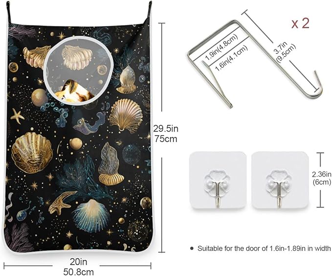 Shell Starfish Black Hanging Laundry Hamper Door Hampers Bag Basket with Stainless Steel Hooks Oxford Fabric Printing Decorative Clothes Bags 29.5X20inch 1Pack