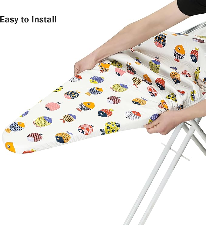 Ironing Board Cover and Pad Standard Size 15" x 54",3 Pairs of Hook and Loop Fastener Straps,Elastic Edges,Cotton Iron Board Cover with Scorch Resistant Thick Padding(White+Fishes)