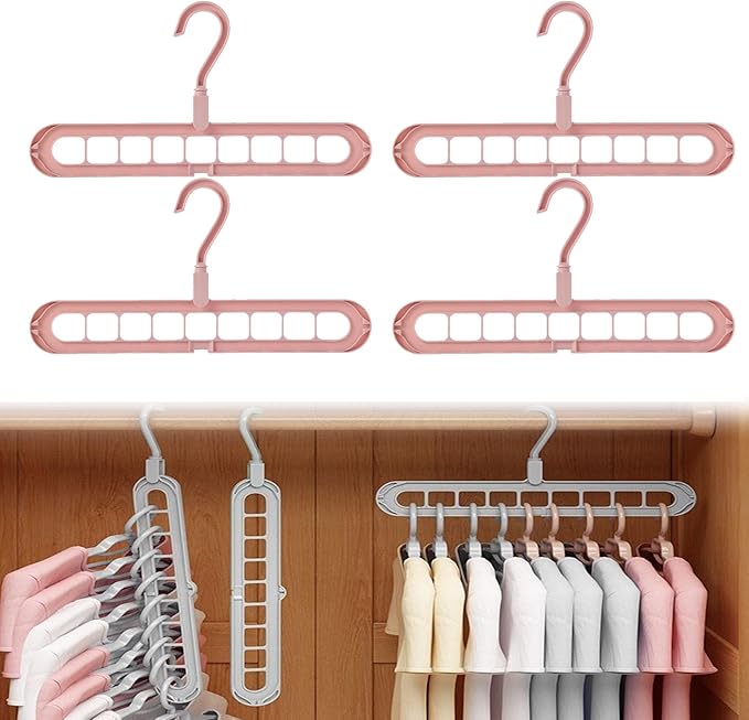 9 in 1 Smart Hanger, Upgrade Space Saving Hanger, 9 Holes Rotate Anti-Skid Folding Hangers with Multifunction Space Saving, for Heavy Clothes, Multiple Shirt, Shirts Pants (4pcs-Pink)