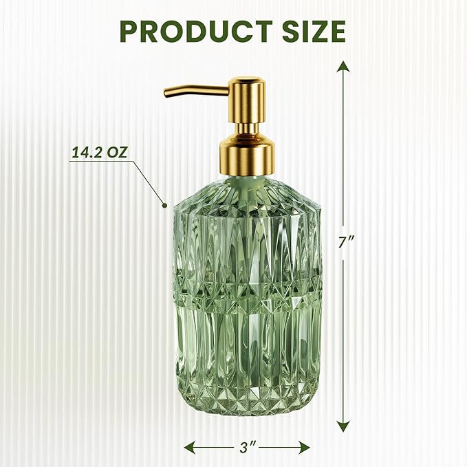 AmazerBath Soap Dispenser Green Glass Soap Dispenser with Pump Stainless Steel, 14.2OZ Luxury Gold Hand Soap Dispensers Bottles Bathroom, Refillable Kitchen Soap Dispenser for Dish Soap, 1 Pack