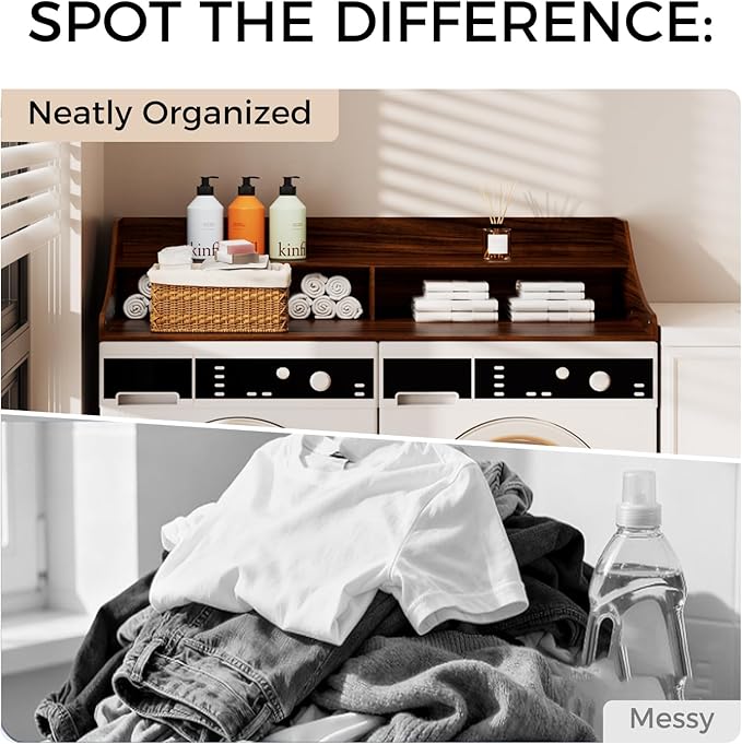 2-Tier Washer Dryer Topper, 54" x 27.6" Countertop with Storage Shelf & Non-Slip Mat, Laundry Organizer for Folding & Sorting Clothes, Walnut