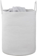 Woven Basket Nursery Laundry Hamper with Handles, Clothes Storage Organizer, Woven Basket for Boy Room Decor, Toy & Blanket Storage Bin, 15x15x18 Inch, White, 1pc