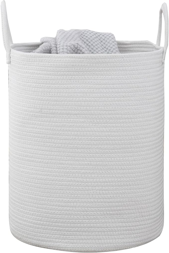 Woven Basket Nursery Laundry Hamper with Handles, Clothes Storage Organizer, Woven Basket for Boy Room Decor, Toy & Blanket Storage Bin, 15x15x18 Inch, White, 1pc