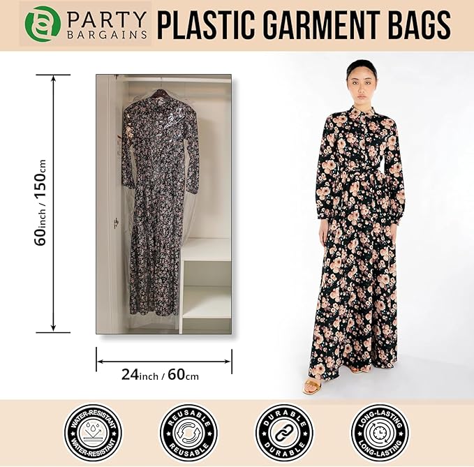 PARTY BARGAINS 60 x 24 Inch Disposable Clear Garment Bags, 50 Pack – Heavy-Duty Plastic Clothes Covers for Suits Dresses Coats, Closet & Travel