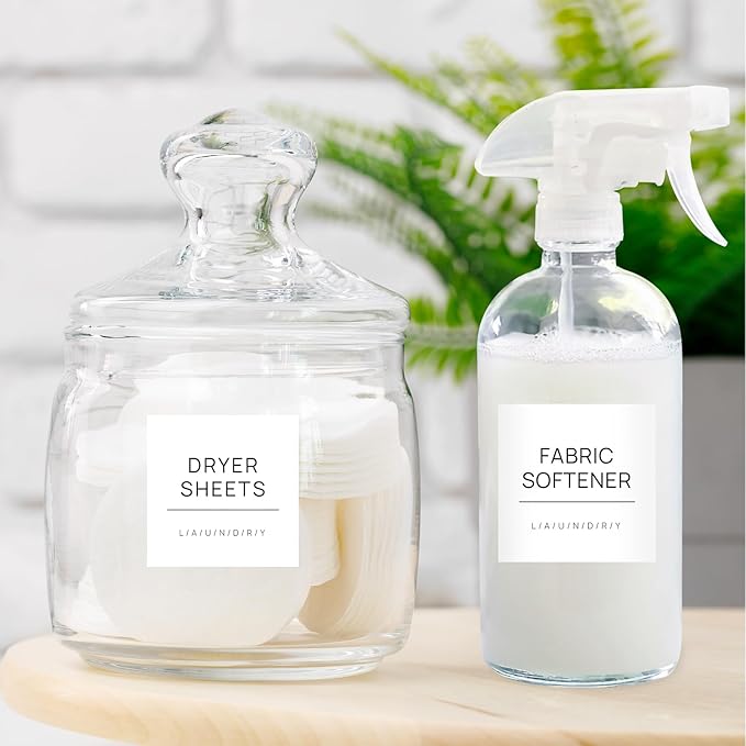 Laundry Labels for Jars,16 PCS Minimalist Laundry Room Labels,Removable Waterproof Cleaning Labels for Containers,Laundry Room Storage Organization,with 2 Blank Labels (White)