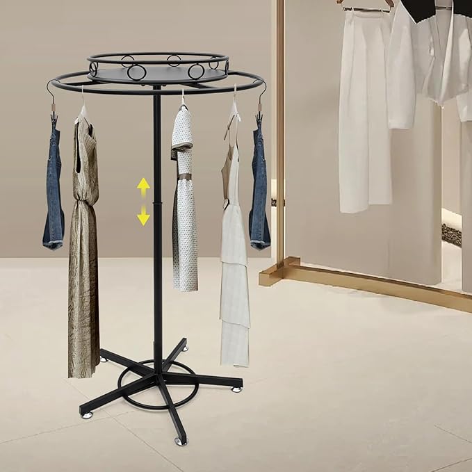 Round Garment Rack Floor Standing Rotating Clothes Hanging Rack with Topper 3.38-5.02ft Height Adjustable Retail Display Stand Metal Commercial Clothing Organizer Stand (Black)