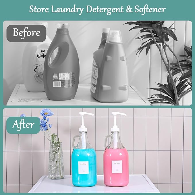 64 OZ Laundry Detergent Dispenser by VEGEVIGI, Glass,Glass Liquid Laundry Soap Dispenser with Pump, Bleach and Fabric Softener Dispenser for Laundry Room, 1P