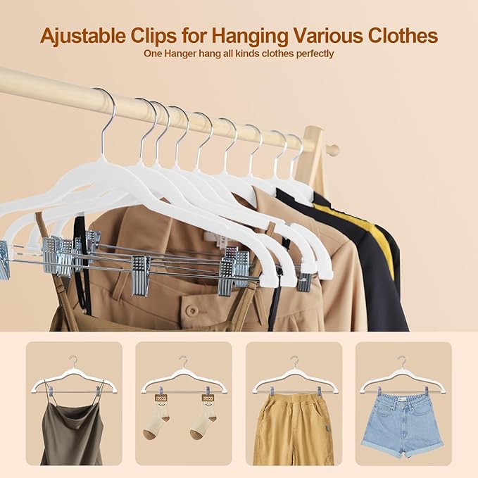 Stormix Pants Hangers, 24 Pack Vevlt Skirt Hanger with Clips, Non-Slip Coat Hangers, Heavy-Duty Clothes Hangers for Shorts, Pants, Skirts, Dresses, Jackets, Coat White