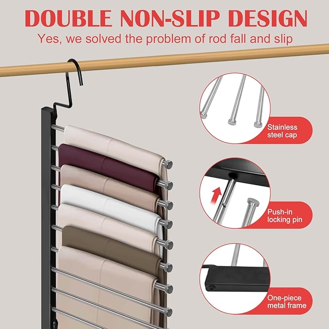 Pants Hangers Space Saving, 10-Tier Stainless Steel Closet Organizer, Plastic-Free, Collapsible Non-Slip Design Space Saving Hangers, Rotation for Legging Pant Rack, Storage and Organization