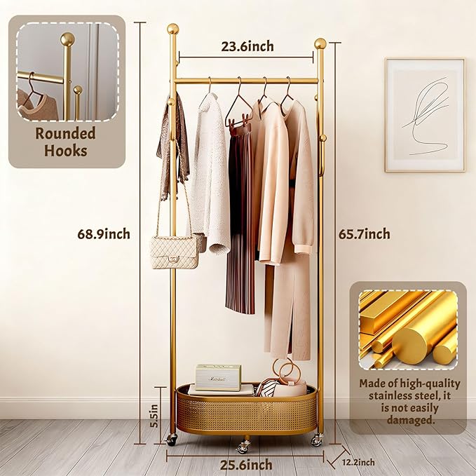 Coat Rack Freestanding Clothing Rack with Wheels & 1 Storage & 4 Hooks Heavy Duty Clothes Rack for Corner Bedroom Entryway Living Room Hotel (Gold)