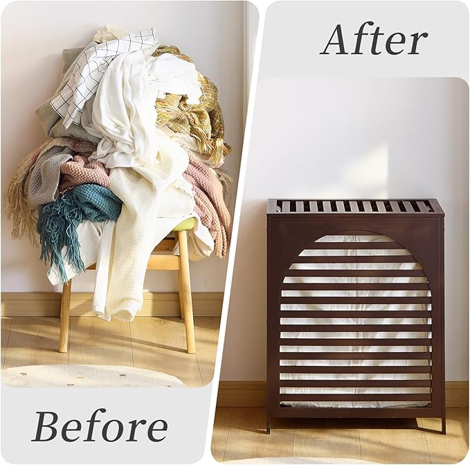 Laundry Hamper with Lid, Bamboo Clothes Laundry Basket with Handles, Removable 2-Section Liner bag, Hampers for Bedroom Aesthetic, Large Storage for Bath Towel, Sheets or Toys, Home (Brown)