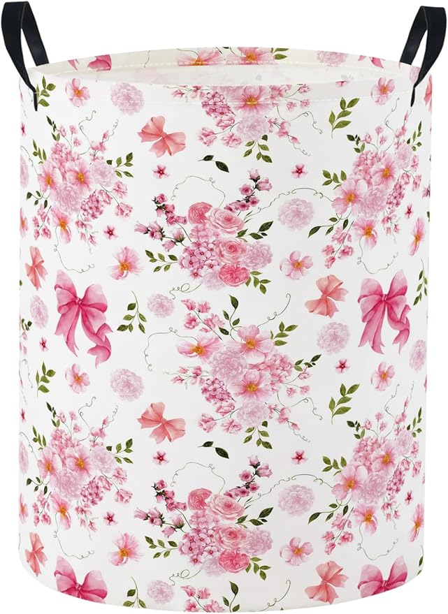 Baby Laundry Basket Baby Nursery Hamper Kids Laundry Basket Toy Storage Bin for Boys Room Decor Gift Baskets for Bedroom Bathroom(Bowknot Flower)