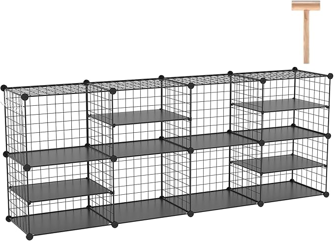 C&AHOME Wire Cube Storage Unit, Interlocking Metal Wire Organizer with Divider Design, Modular Cabinet with Plastic Panels, Bookshelf Stackable Closet Organizer with Small Hooks, Black UWCSIM08B