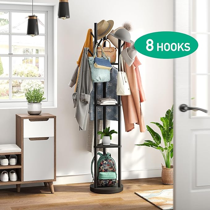Rotary Coat Rack Stand with 8 Hooks, Black Bamboo Wood Coat Tree for Clothes/Bags/Hats, Large Coat Rack Freestanding for Entryway (Black_triangle)